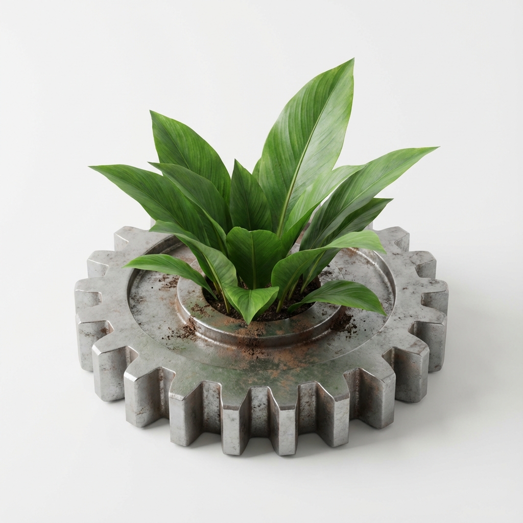 Green plant growing from a mechanical gear