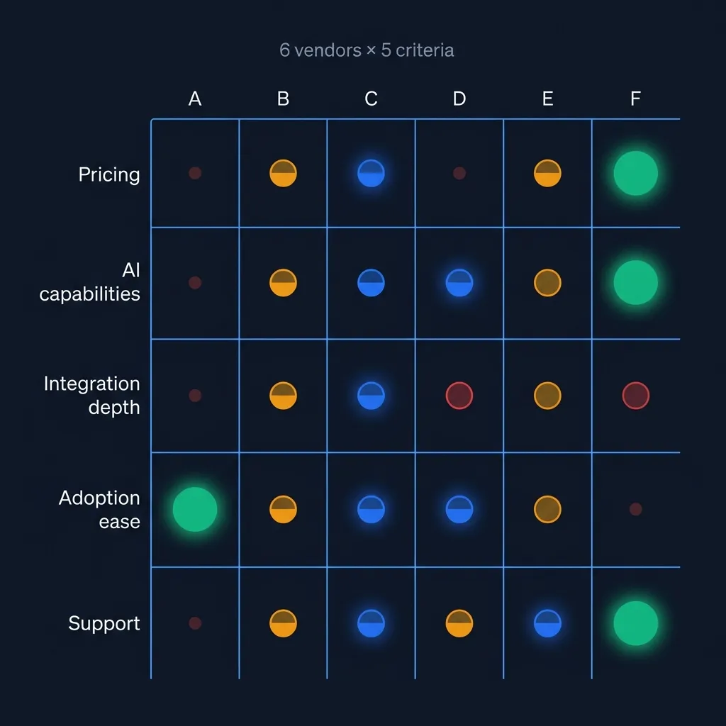 Procurement software comparison matrix scoring six anonymous vendors across pricing, AI capabilities, integration, adoption, and support