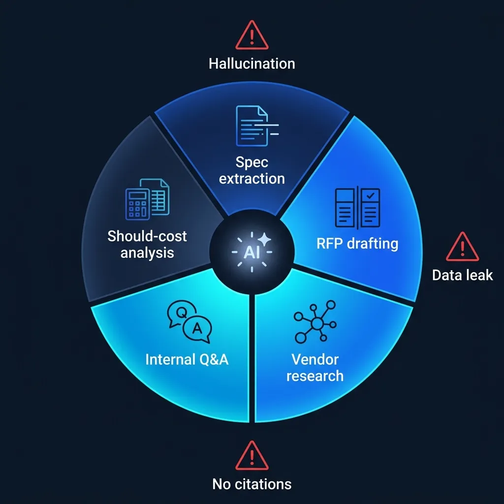 Procurement use-case wheel showing five generative AI applications surrounded by three warning indicators for hallucination, data leakage, and missing citations