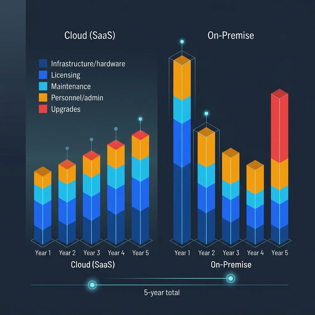 Five-year total cost of ownership comparison between cloud SaaS procurement software and on-premise deployment, segmented by infrastructure, licensing, maintenance, personnel, and upgrades