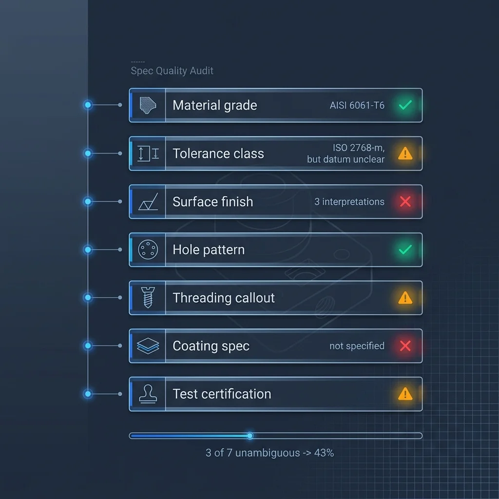 Specification quality audit checklist with seven spec rows showing green pass, amber warning, and red fail status indicators
