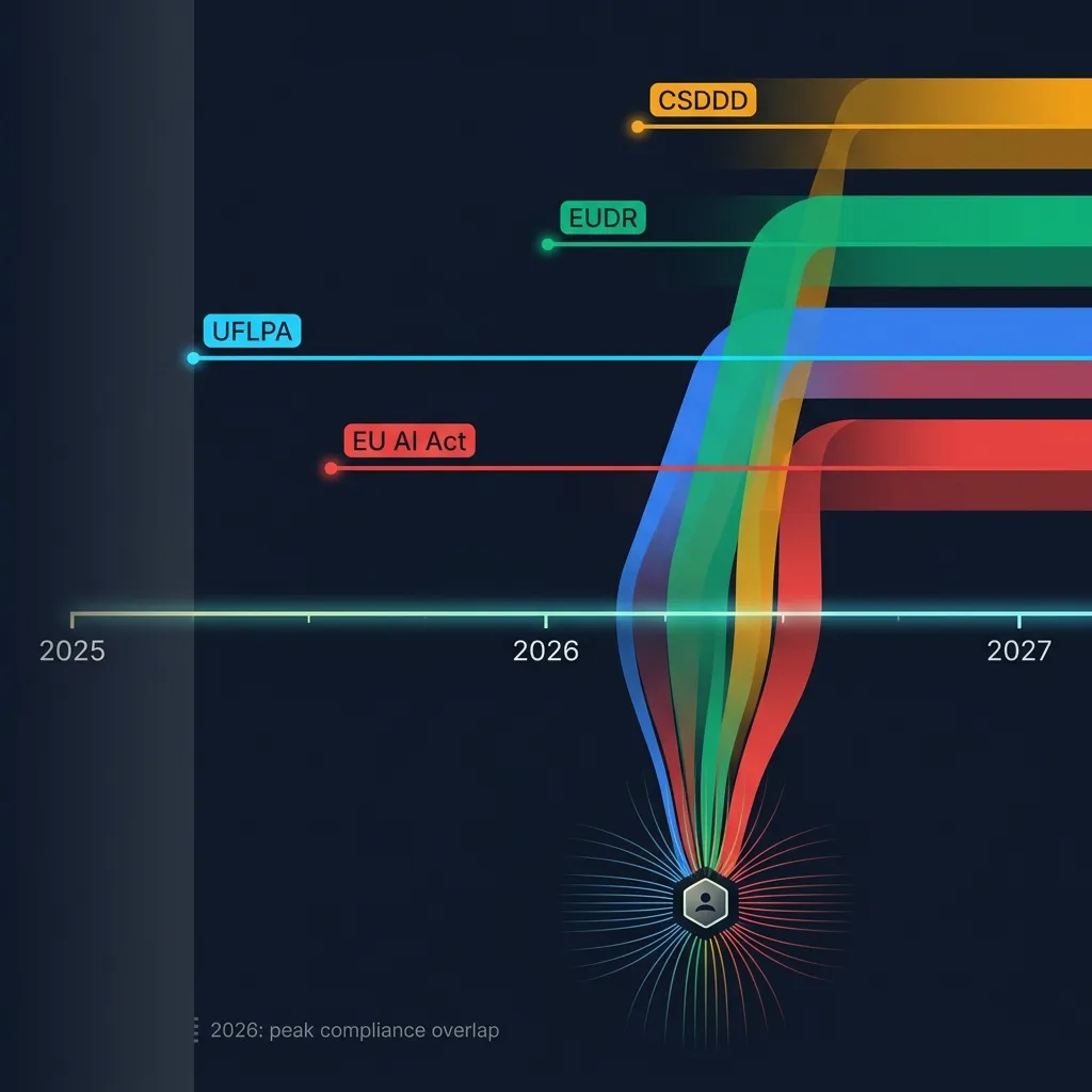 Converging regulatory timeline showing CSDDD, EUDR, UFLPA, and EU AI Act stacking compounding compliance load on suppliers between 2025 and 2027