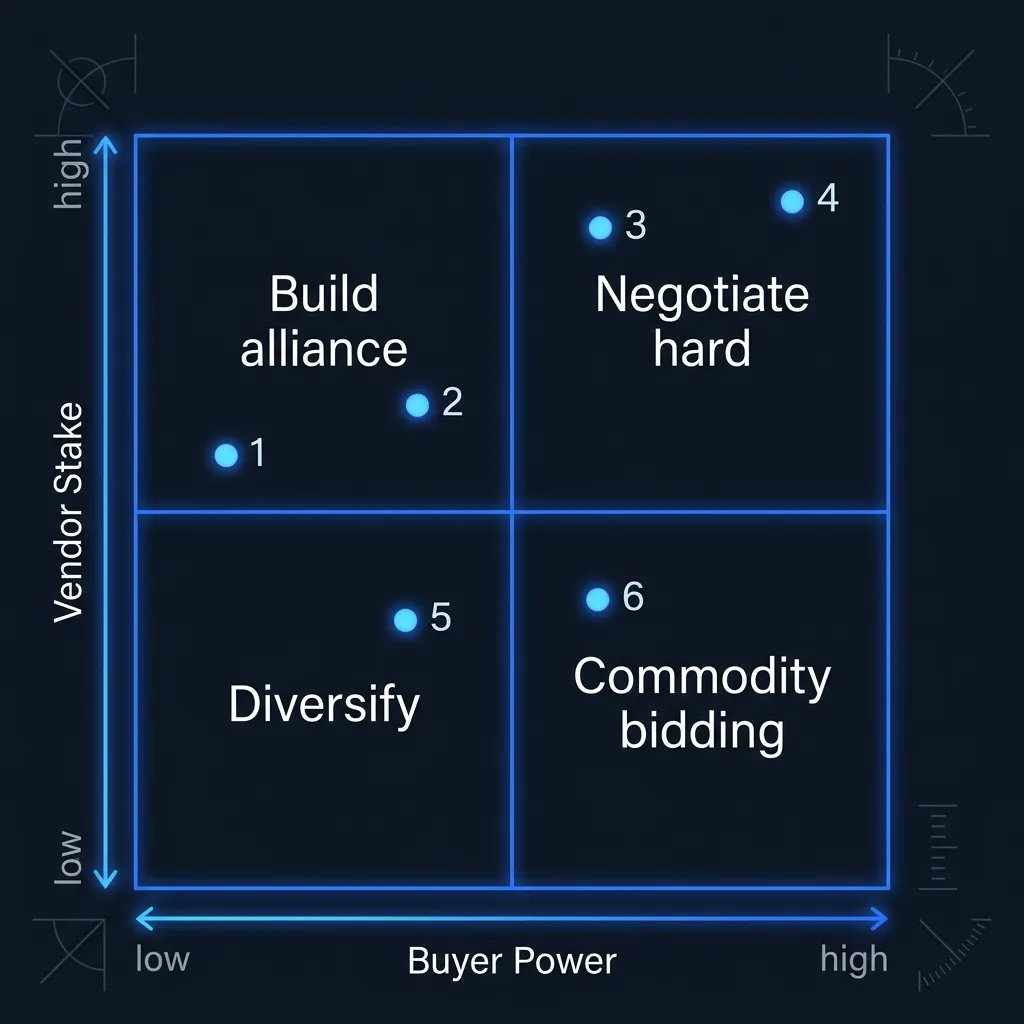 Vendor negotiation leverage matrix plotting six strategies across buyer power and vendor stake quadrants