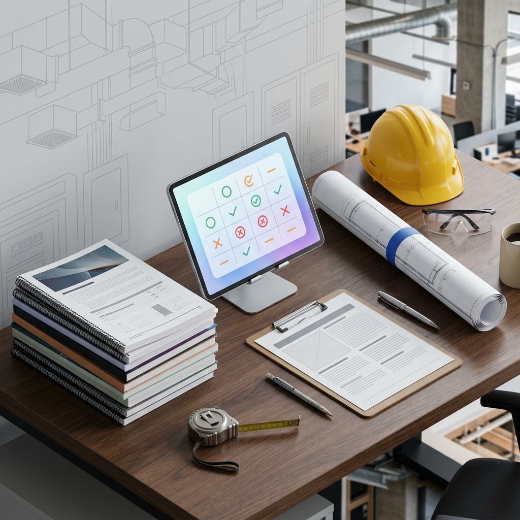 Mechanical electrical plumbing subcontractor reviewing submittal package against project specification