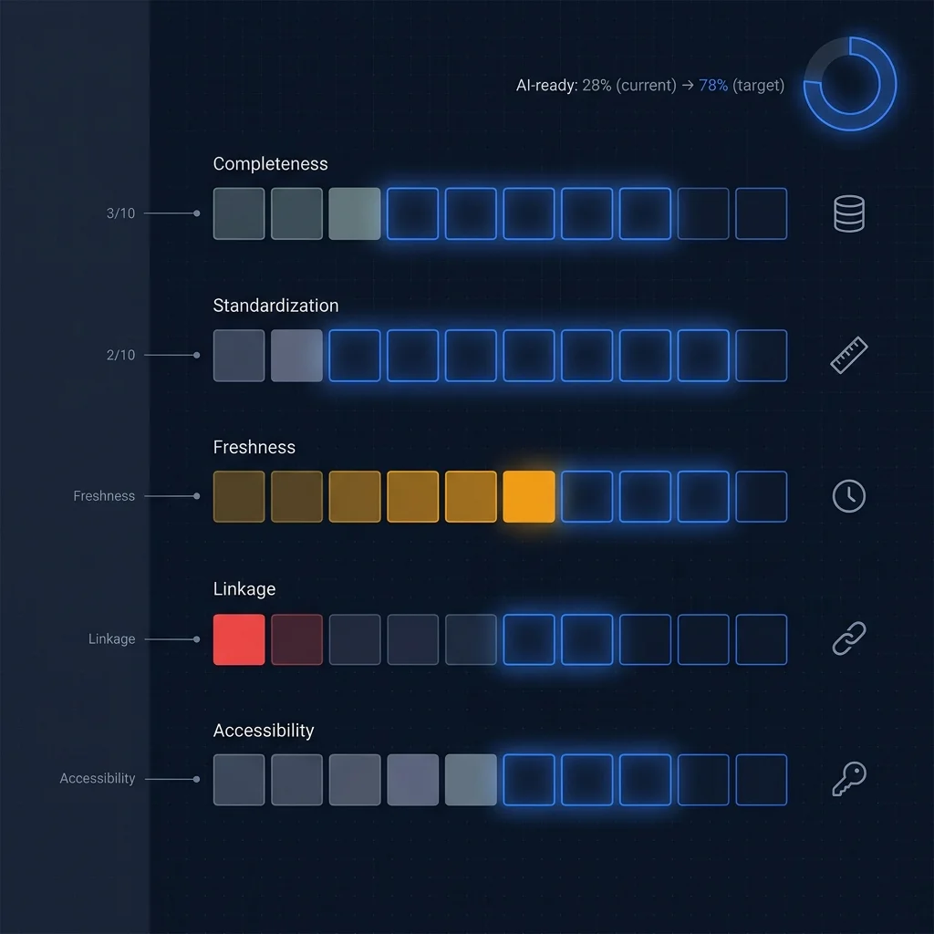 Data readiness scorecard with five dimensions showing current vs target state across completeness, standardization, freshness, linkage, and accessibility