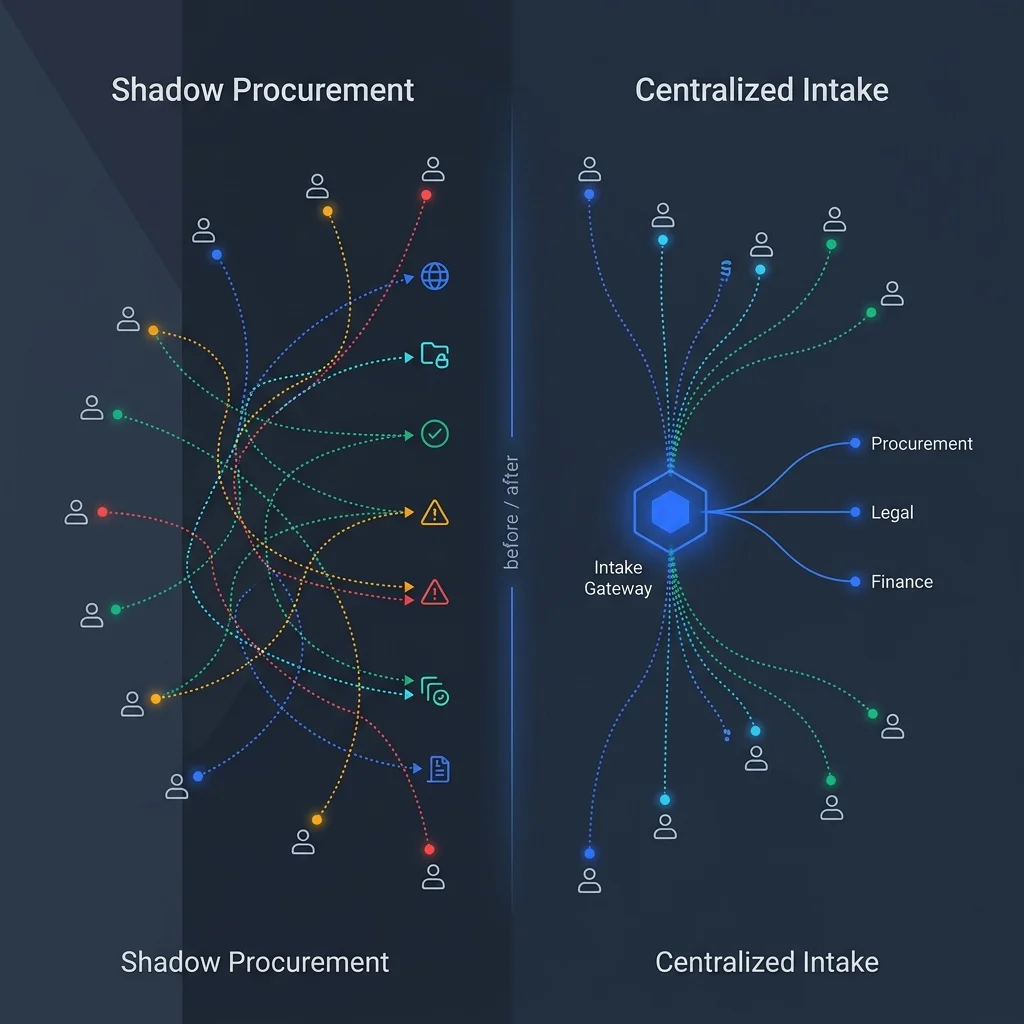 Side-by-side comparison of shadow procurement chaos versus centralized intake routing through a single gateway to procurement, legal, and finance