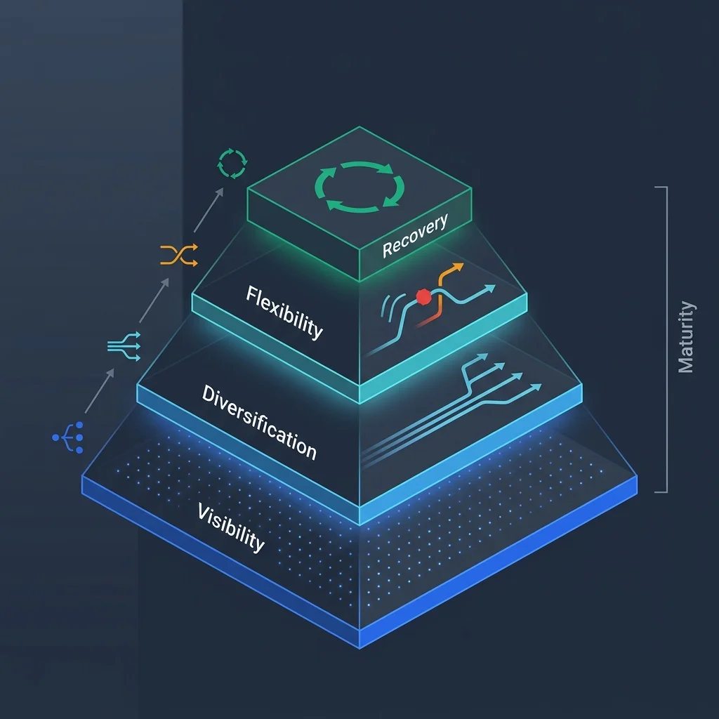 Four-tier supply chain resilience capability pyramid showing visibility, diversification, flexibility, and recovery layers