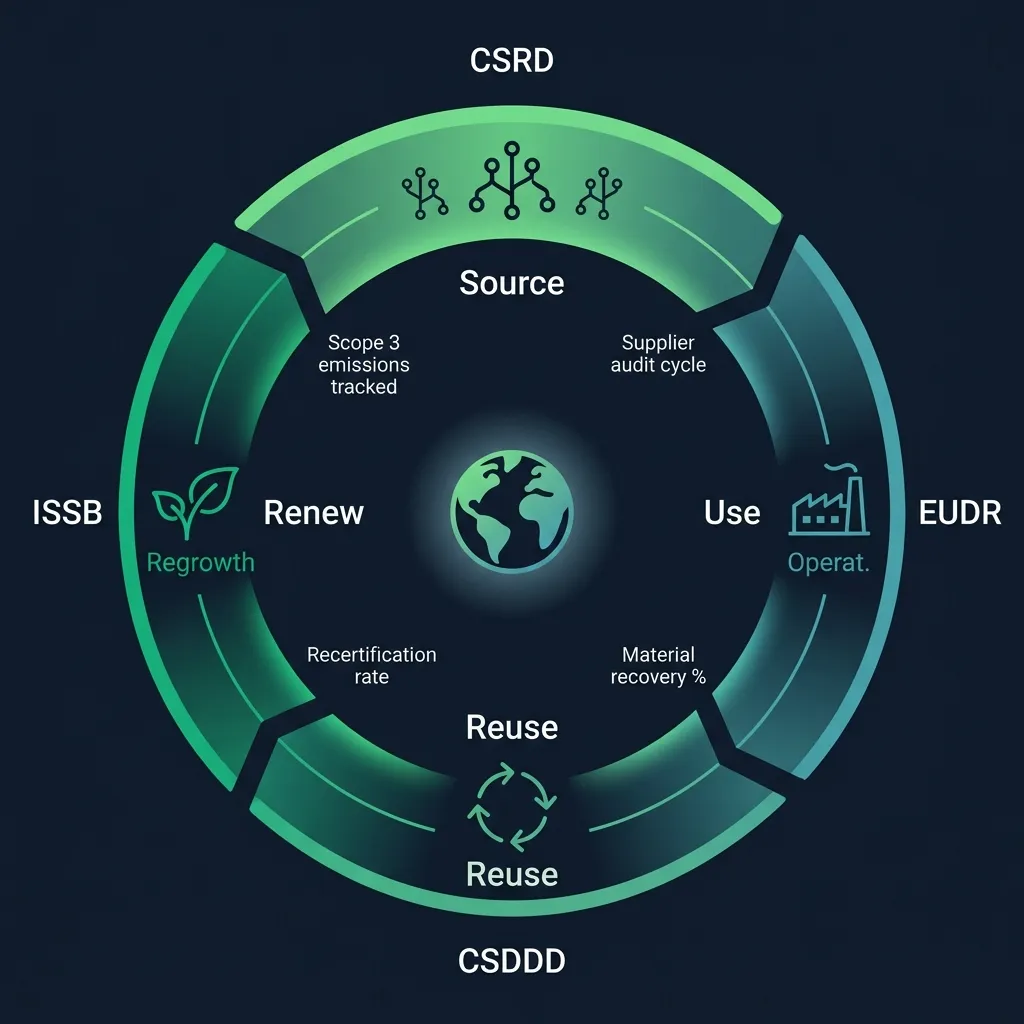 Circular sustainable procurement lifecycle with source, use, reuse, and renew stages annotated by Scope 3 emissions, supplier audit cycles, material recovery, and recertification rates
