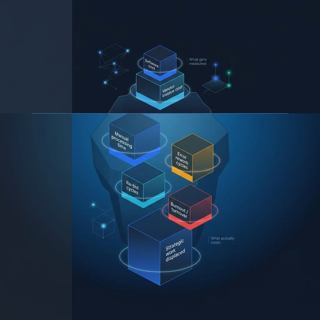 Iceberg cost visualization showing visible procurement costs above the waterline and the much larger submerged costs of manual processing, rework, rebids, burnout, and displaced strategic work
