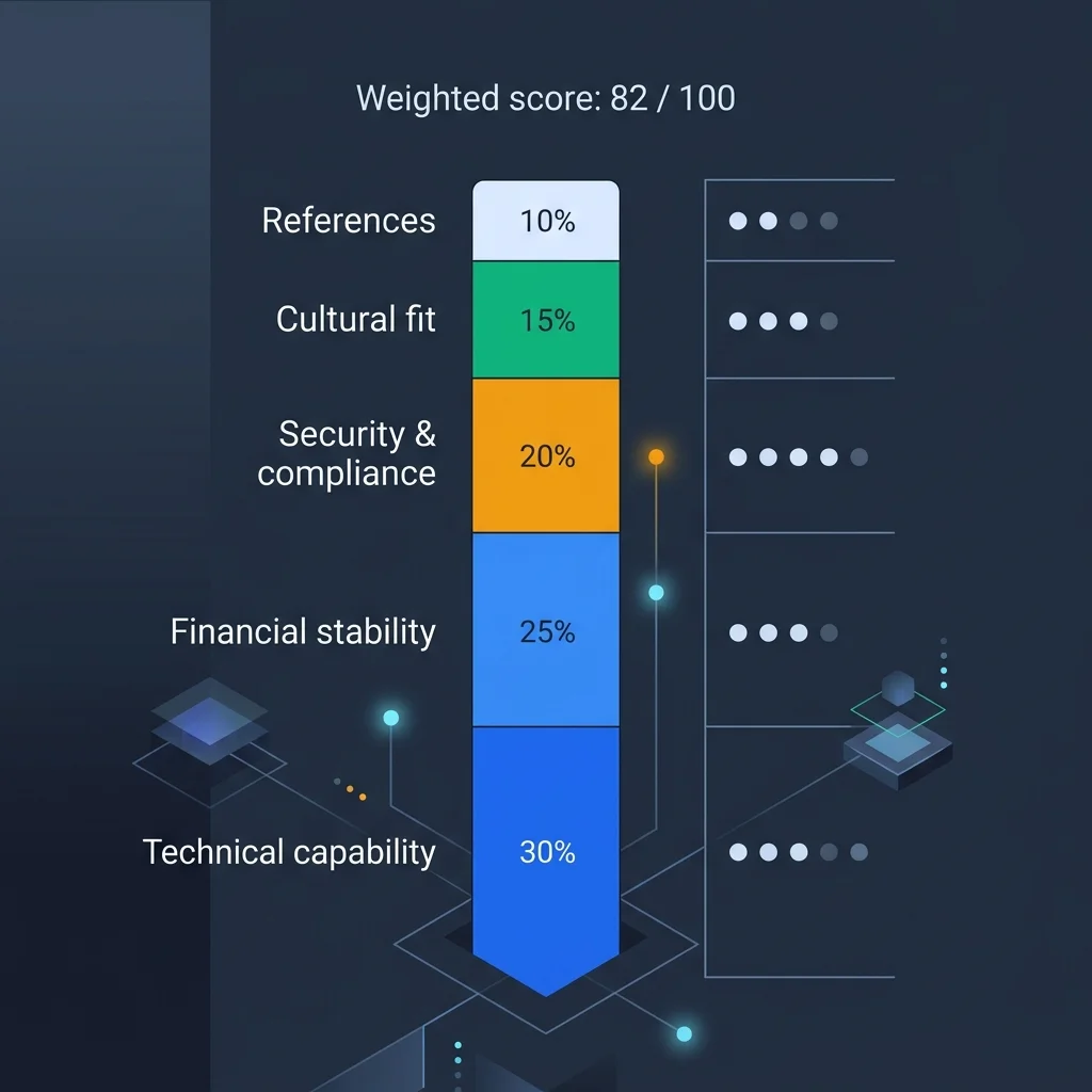 Weighted vendor selection criteria stacked bar showing technical capability, financial stability, security, cultural fit, and references with their respective weight percentages and a sample weighted score