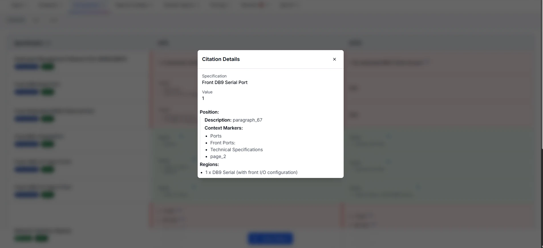 SpecLens source citation drawer showing extracted spec value linked to original vendor document page number with confidence score